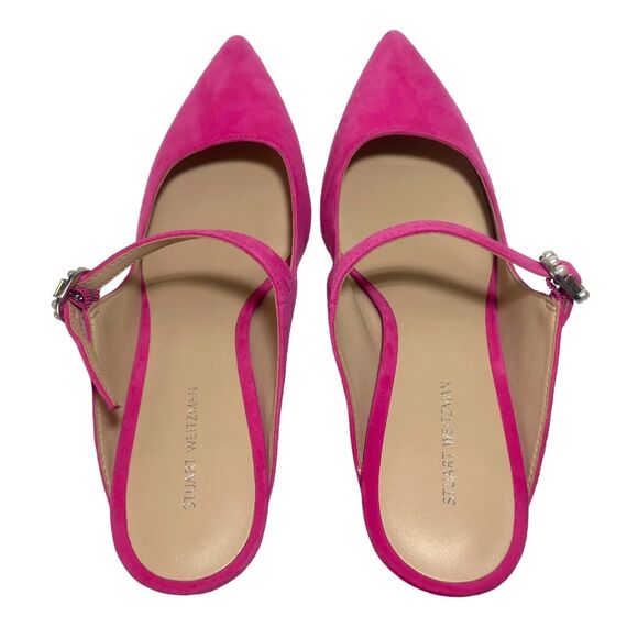 STUART WEITZMAN Women's Fuchsia Hot Pink Suede Heeled Mules Beaded Buckle 8.5 - Picture 11 of 12